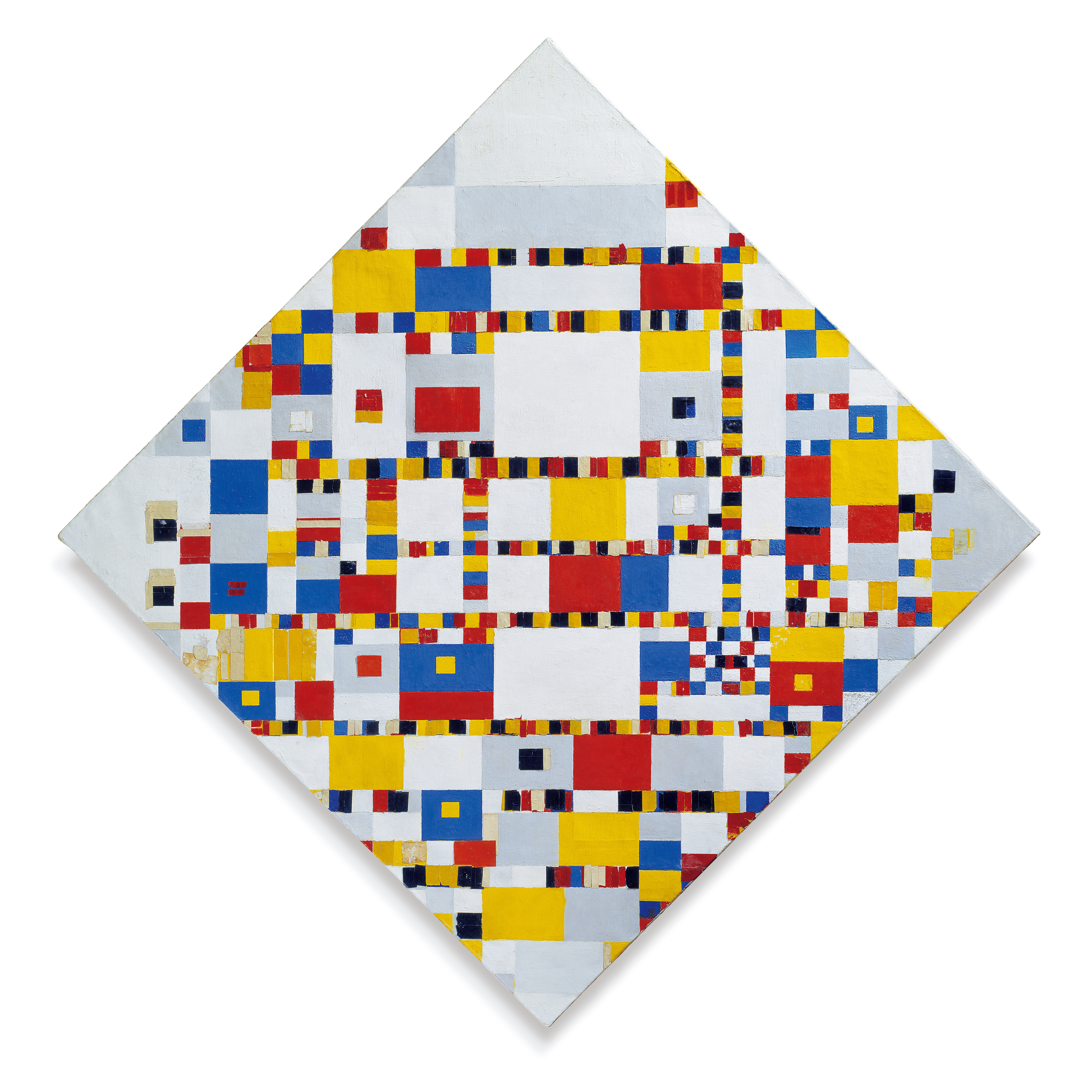 Full view of Victory Boogie Woogie by Piet Mondrian with five numbered close-view points